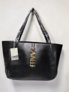 NWT Cavalli Class Black Leather Tote Bag